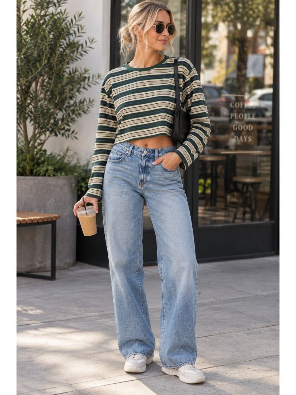 Princess Polly size 12 long-sleeve striped crop top, green and purple